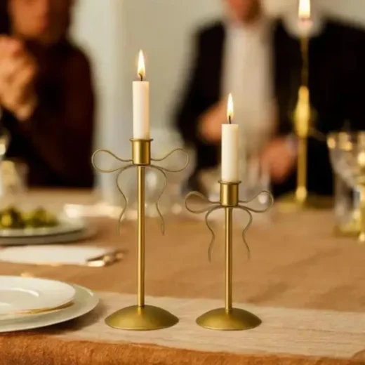 Gold Bow Taper Candle Holders (Pair)