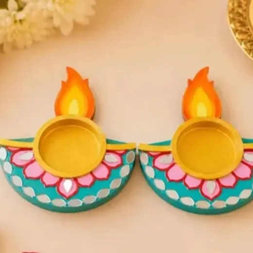 Mirror-Work Diya Tealight Holders (Pair)