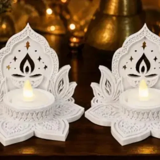Carved Mandala Lotus Tealight Stand (Pair)
